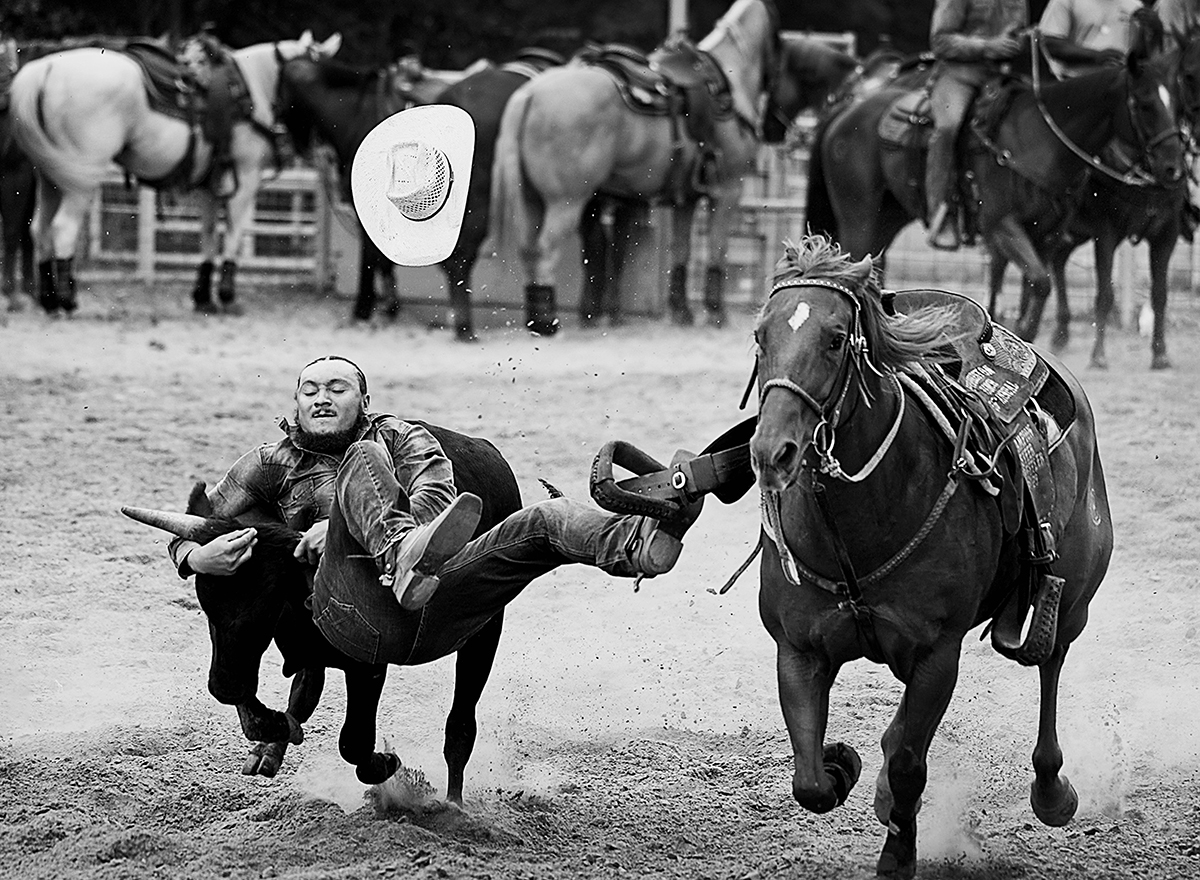 rideon8.jpg Rodeo cowboy with a bull by the horns